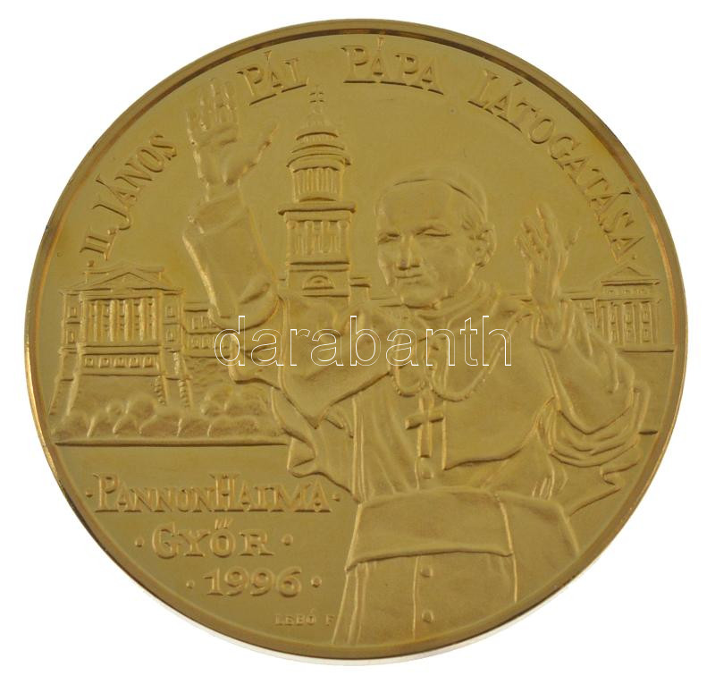 Lebó Ferenc (1960-) 1996. 'II. János Pál pápa látogatása - Pannonhalma, Győr' aranyozott bronz emlékérem kapszulában (42,5mm) T:PP fo.