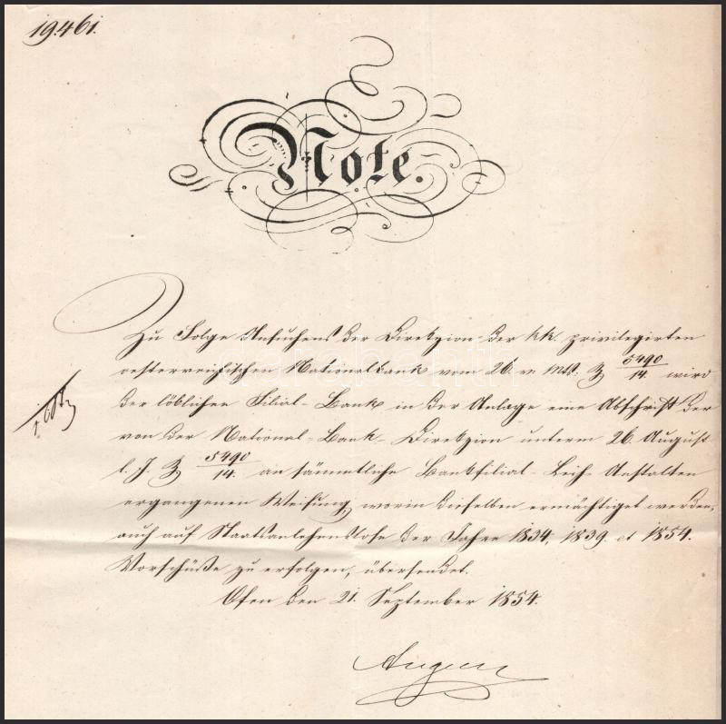 1854 Báró Augusz Antal helytartó, Liszt Ferenc barátja által aláírt okirat - Image 2