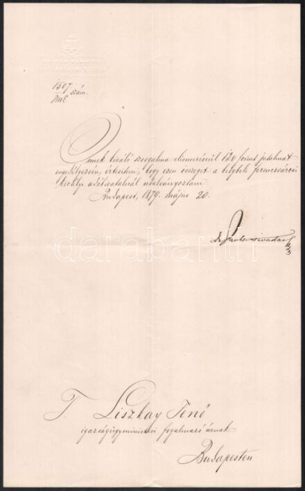 1879 Pauler Tivadar (1816-1886) igazságügy-miniszter által aláírt okirat