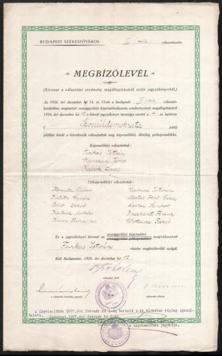 1926 Országgyűlési képviselői megbízólevél Farkas István szociáldemokrata képviselő részére