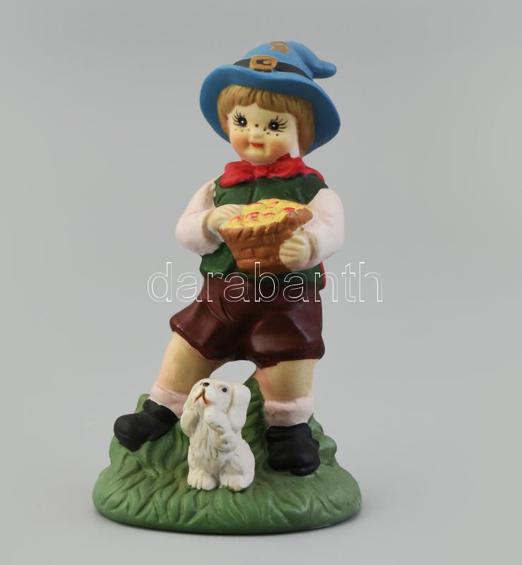Jelzés nélkül: Fiú kutyával. Porcelán, biszkvit, festett, hibátlan 12 cm