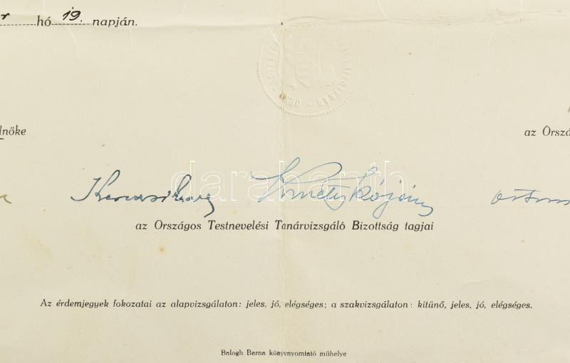 1942 Bp., Testnevelési tanári oklevél, Misángyi Ottó, Bácsalmási Péter, Hepp Ferenc, Kerezsi Endre, Kmetykó János, Ostoros Gyula, Záborszky Sándor, Gyulai Ágost aláírásával, hajtott - Image 2