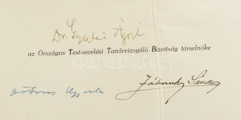 1942 Bp., Testnevelési tanári oklevél, Misángyi Ottó, Bácsalmási Péter, Hepp Ferenc, Kerezsi Endre, Kmetykó János, Ostoros Gyula, Záborszky Sándor, Gyulai Ágost aláírásával, hajtott - Image 3