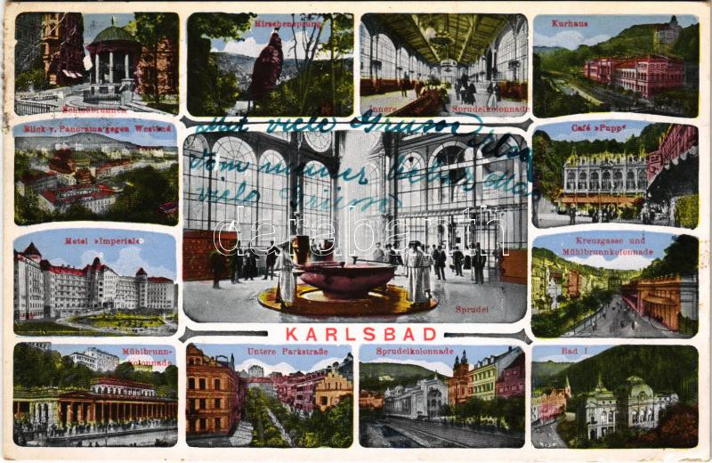 1926 Karlovy Vary, Karlsbad; Kurhaus, Mühibrunn-kolonnade, Sprudel, Schlossbrunnen / multi-view postcard (EB)