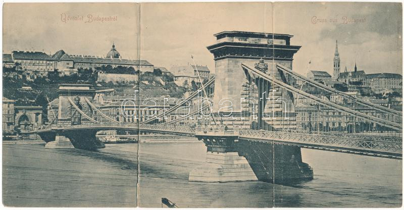 Budapest, Lánchíd. 3-részes kinyitható panorámalap / 3-tiled folding panoramacard (hajtásnál kicsit szakadt / bent til broken)