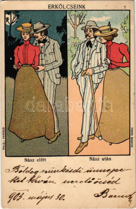 1903 Faragó Géza 'Erkölcseink' képeslap sorozat 7. Nász előtt és nász után. Posner / Hungarian art postcard. litho s: Faragó