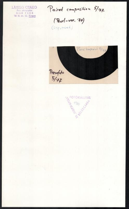 cca 1977 Czakó László (?-?) pécsi fotóművész hagyatékából pecséttel jelzett, feliratozott, vintage fotóművészeti alkotás (Páros kompozíció), ezüst zselatinos fotópapíron, 40x24,8 cm - Image 2