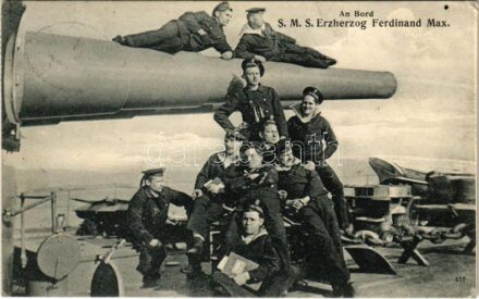 An Bord SMS Erzherzog Ferdinand Max / Az Osztrák-Magyar Haditengerészet Erzherzog-osztályú pre-dreadnought csatahajója, matrózok a fedélzeten / Austro-Hungarian Navy, K.u.K. Kriegsmarine, Erzherzog-class pre-dreadnought battleship, mariners