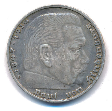 Német Harmadik Birodalom 1936D 5M Ag 'Hindenburg' T:XF patina German Third Reich 1936D 5 Marks Ag 'Hindenburg' C:XF patina