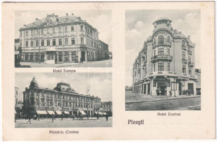 Ploiesti, Ploesti, Ploesci; Hotel Europa, Cofetária, Primaria Centru, Hotel Central Luca P. Niculescu. I. Dragu Nr. 7, 9, 66. 1929. / town hall, hotels, shops, cafe