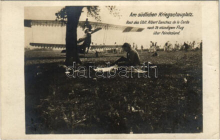 Am südlichen Kriegsschauplatz. Rast des Oblt. Albert Sanchez de la Cerda nach 3,5 stündigen Flug über Feindesland / WWI Austro-Hungarian K.u.K. military aircraft, pilot resting after 3,5 hours of flying over enemy territory. Postkartenverlag