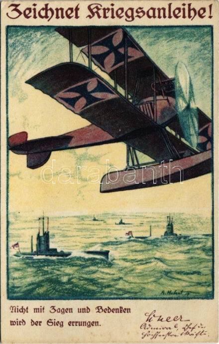 Zeichnet Kriegsanleihe! / WWI German Navy art postcard with naval seaplane s: A. Hubert (EK)