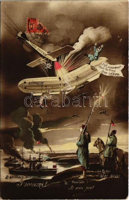 Triple-Entente, Zeppelin / WWI military art postcard, German mocking propaganda with airship