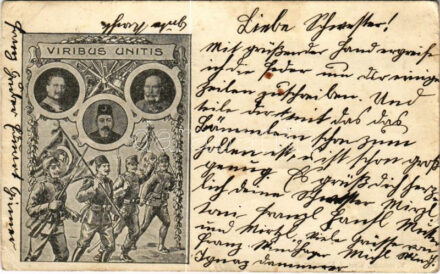 Első világháborús tábori postai levelezőlap a Központi Hatalmak uralkodóival: V. Mehmed, II. Vilmos, I. Ferenc József / WWI Austro-Hungarian K.u.K. military field postcard, Viribus Unitis and Central Powers propaganda: Mehmed V, Wilhelm