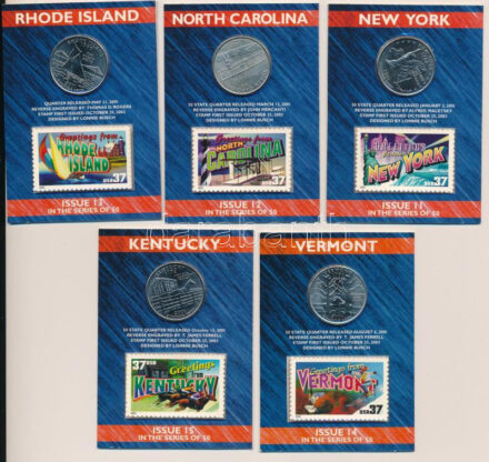 Amerikai Egyesült Államok 2001. 1/4$ Cu-Ni '50 állam' (5xklf) bélyeges karton díszlapon T:UNC USA 2001. 1/4 Dollar Cu-Ni '50 States' (5xdiff) on cardboard display sheet with stamp C:UNC