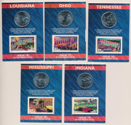 Amerikai Egyesült Államok 2002. 1/4$ Cu-Ni '50 állam' (5xklf) bélyeges karton díszlapon T:UNC USA 2002. 1/4 Dollar Cu-Ni '50 States' (5xdiff) on cardboard display sheet with stamp C:UNC