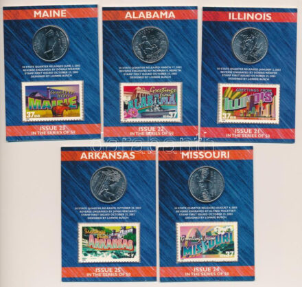 Amerikai Egyesült Államok 2003. 1/4$ Cu-Ni '50 állam' (5xklf) bélyeges karton díszlapon T:UNC USA 2003. 1/4 Dollar Cu-Ni '50 States' (5xdiff) on cardboard display sheet with stamp C:UNC