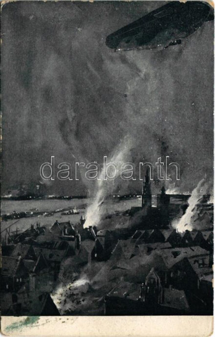 Nocní útok Zeppelinú na Antverpy / WWI German military art postcard, night attack of Antwerp, airship (EB)