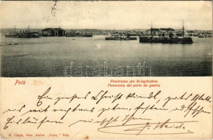 1901 Pola, Pula; K.u.K. Kriegsmarine Panorama des Kriegshafens / Panorama del porto da guerra / Osztrák-magyar monarchia haditengerészeti kikötő / Austro-Hungarian Navy port with battleships. M. Clapis, Phot. Atelier 'Flora' (Rb)