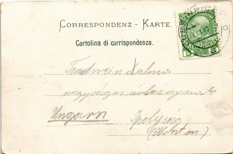 1910 Mali Losinj, Lussinpiccolo; Riva Francesco Ferdinando / shore, hotel and restaurant (kis szakadás / small tear) - Image 2