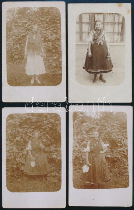 cca 1910 4 db népviseletes lányka fotólap. Legénd, stb