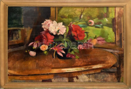 Hatvany Ferenc (1881-1958): Csendélet. Olaj, vászon, jelezve jobbra lent. Dekoratív, kissé sérült fakeretben, 70×90 cm / oil on canvas, signed, framed