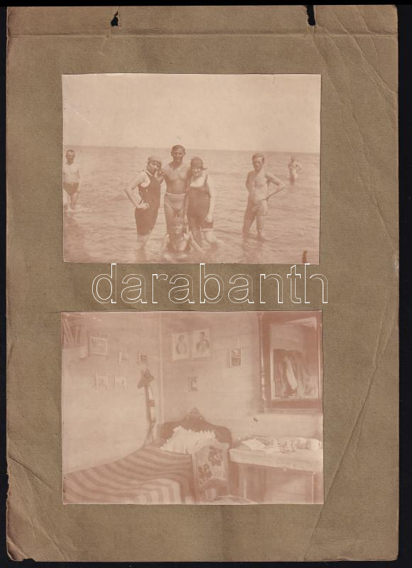 cca 1920 Vegyes fotó tétel, 10 fotó 3 kartonra ragasztva, közte 6 db fürdőzős fotóval, azonosítatlan tengerparti helyszínen, változó állapotban, közte foltos, 8x11 cm - Image 3