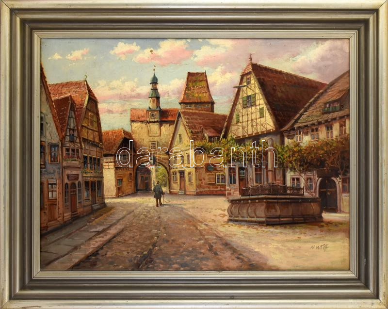 H Wolff jelzéssel: Sétáló. Olaj, vászon. Dekoratív fakeretben, 60×80 cm