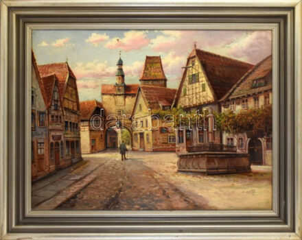 H Wolff jelzéssel: Sétáló. Olaj, vászon. Dekoratív fakeretben, 60×80 cm