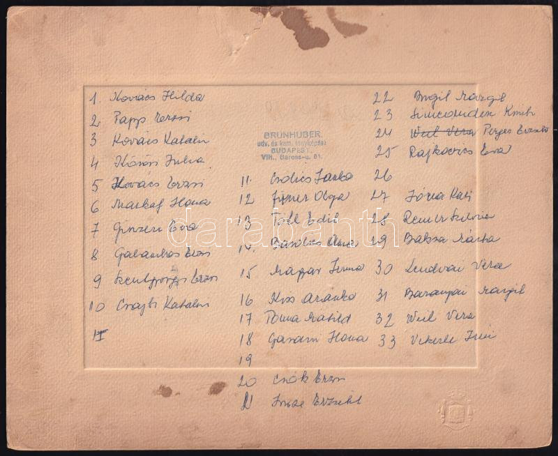 cca 1920-1940 Lányiskolai csoportkép (VIII. ker. Práter u. Községi Polgári Leányiskola), kartonra kasírozott fotó, jelzett (Brunhuber udv. és kam. fényképész, Bp.), hátoldalán a képen szereplők névsora, a kartonon sérüléssel, - Image 2