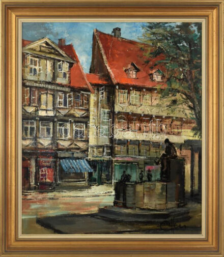 Olvashatatlan jelzéssel: Német város utcáján. Olaj, vászon. Dekoratív fakeretben, 70×60 cm