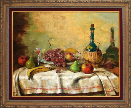 Olvashatatlan jelzéssel: Csendélet. Olaj, vászon. Dekoratív fakeretben, 61,5×77 cm