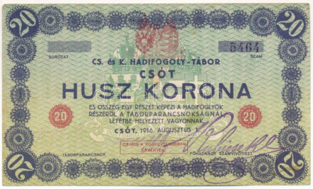 Csót / Hadifogolytábor 1916. augusztus 1. 20K számozott, gumibélyegzős aláírással mindkét oldalon T:F fo., de egyébként szép papír Hungary / Csót / POW Camp 01.08.1916. 20 Korona with serial number and rubber stamp signatures on both
