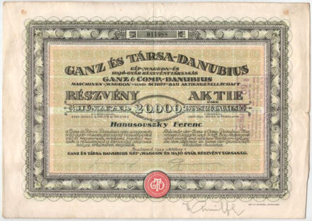 Budapest 1923. 'Ganz és Társa-Danubius Gép-, Waggon- és Hajó-Gyár Részvénytársaság' részvénye 20.000K-ról, magyar és német nyelven, szárazpecséttel, bélyegzésekkel és szelvényekkel T:F
