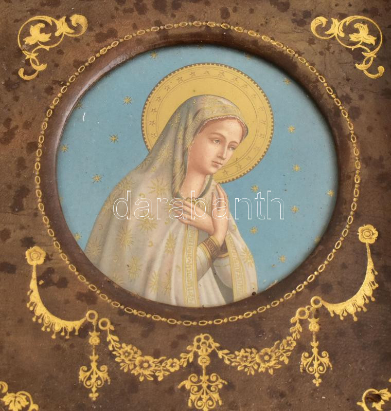 Úti oltár, triptichon. XIX. sz. Aranyozott bőr, litografált képekkel.Jó állapotban, de zsanérok nélkül. 32x29 cm - Image 3