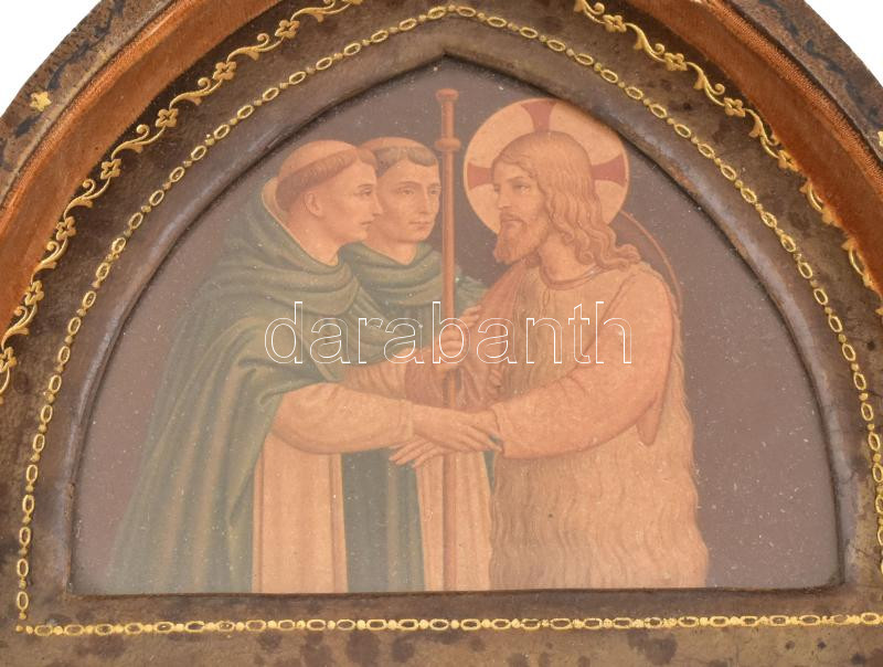 Úti oltár, triptichon. XIX. sz. Aranyozott bőr, litografált képekkel.Jó állapotban, de zsanérok nélkül. 32x29 cm - Image 4