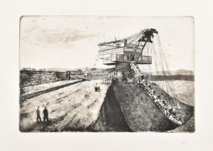 Hertay Mária (1932-2018): Visontai kotrógép. Rézkarc, papír, jelzett a hátoldalán, 19×29,5 cm