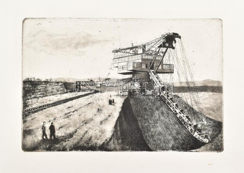 Hertay Mária (1932-2018): Visontai kotrógép. Rézkarc, papír, jelzett a hátoldalán, 19×29,5 cm