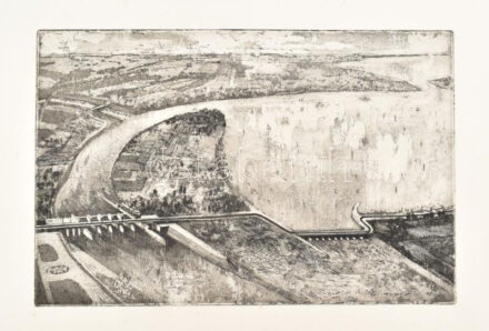 Salétros János (1935-): Tisza II. vízlépcső. Rézkarc, papír, jelzés nélkül, hátoldalán feliratozott, lapszéli apró foltokkal, 19×29,5 cm