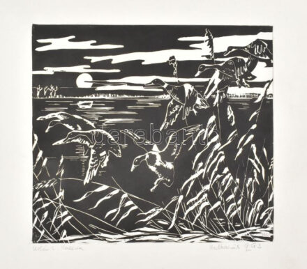 Urbán L. Valéria (?-): Vadkacsák. Linómetszet, papír, jelzett. Paszpartuban. 17,5x19 cm