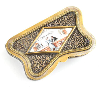 Szelence. Pénztári jelenettel. Festett, Ezüstözött áttört. 8x5 cm