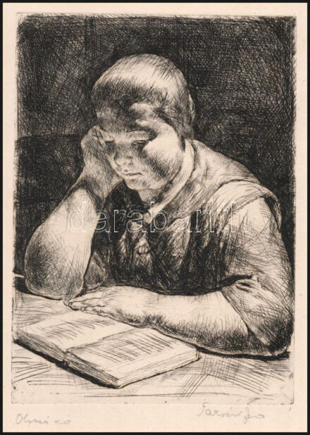 Tarjáni Simkovics Jenő (1895-1995): Olvasó nő. Rézkarc, papír, jelzett, lapszéli apró szakadással, 18×13 cm