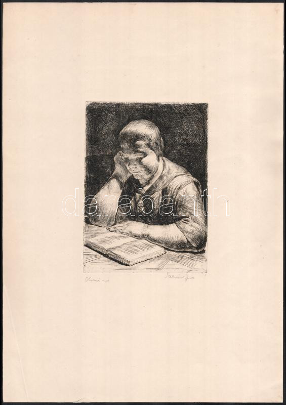 Tarjáni Simkovics Jenő (1895-1995): Olvasó nő. Rézkarc, papír, jelzett, lapszéli apró szakadással, 18×13 cm - Image 2