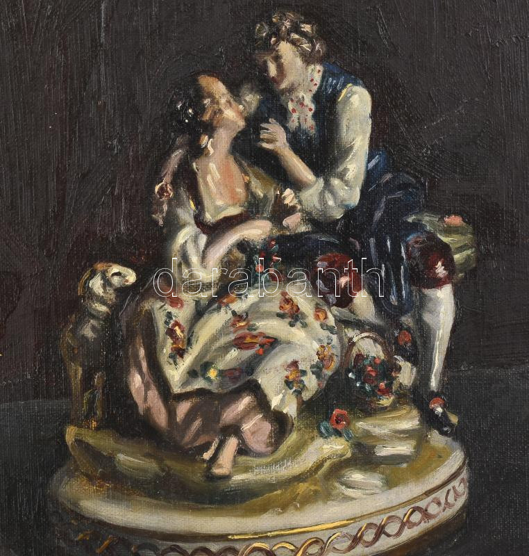 Münich Mikes Ödön (1878-?), nagyváradi festő, 1896-1904 között Nagybányán tanult: Csendélet porcelán figurával. Olaj, karton. Jelezve jobbra lent. Hátoldalán a művész bélyegzőjével. Korabeli, kissé sérült fakeretben. 30x36,5 - Image 2