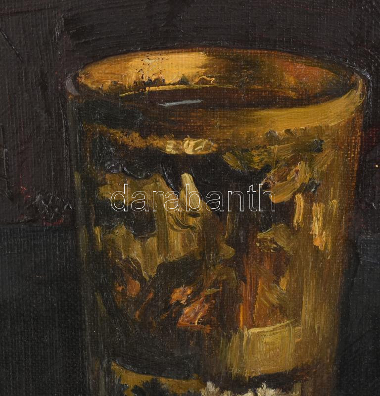 Münich Mikes Ödön (1878-?), nagyváradi festő, 1896-1904 között Nagybányán tanult: Csendélet porcelán figurával. Olaj, karton. Jelezve jobbra lent. Hátoldalán a művész bélyegzőjével. Korabeli, kissé sérült fakeretben. 30x36,5 - Image 4