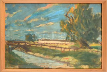 Jelzés nélkül, XX. sz. eleje, hódmezővásárhelyi iskola: Alföldi táj. Olaj, vászon. Üvegezett fakeretben. 46x66 cm.