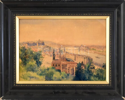 Turi-Jobbágy Miklós (1882-?): Budapesti panoráma a Tabánnal. Akvarell, papír, jelzett, üvegezett fakeretben, 25,5×36,5 cm / watercolour on paper, signed, framed