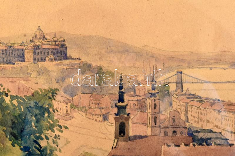 Turi-Jobbágy Miklós (1882-?): Budapesti panoráma a Tabánnal. Akvarell, papír, jelzett, üvegezett fakeretben, 25,5×36,5 cm / watercolour on paper, signed, framed - Image 2