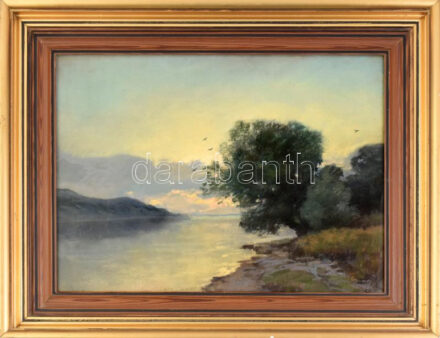 Maróti Major Jenő (1871-1945): Vízparti hangulat (Dunakanyar?). Pasztell, papír, jelzett. Dekoratív, üvegezett, kissé sérült fakeretben, 36×49 cm. / Pastell on paper, signed, framed