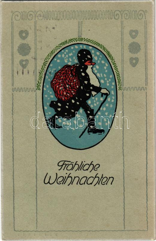 Fröhliche Weihnachten / Boldog Karácsonyt! Mikulás szecessziós művészlap / Christmas greeting, Art Nouveau Saint Nicholas